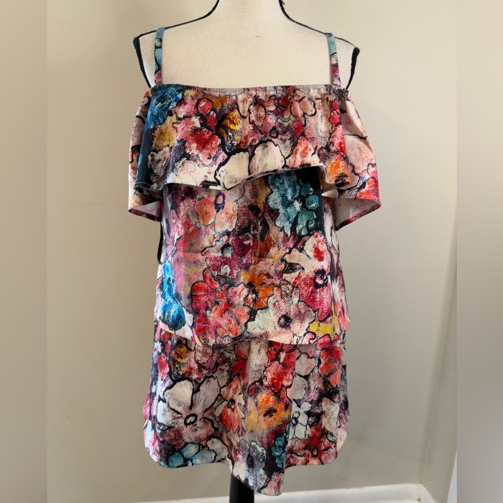 Black Halo Ruffled Tiered Mini Dress Multicolor Abstract Floral Print SZ XS